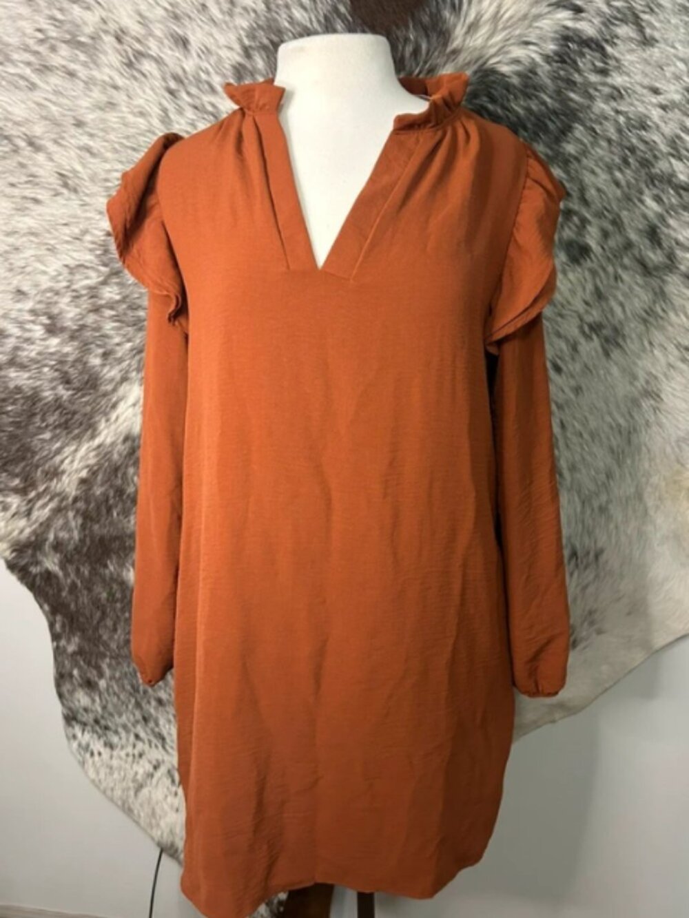 Burnt orange long sleeve ruffle dress